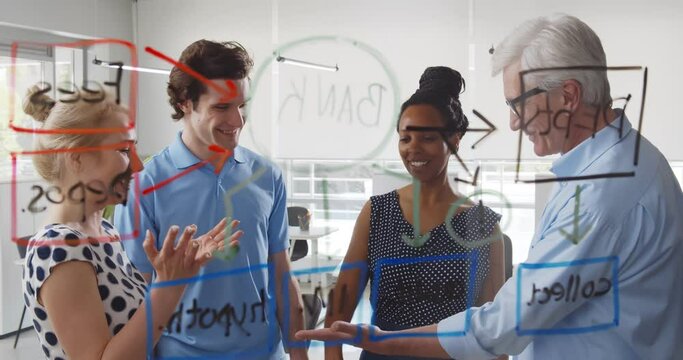 View through glass board of diverse team putting hands together celebrating success