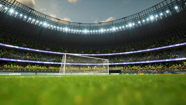 soccer stadium with fans cloudy evening crowd waiting game clamping and waving flags . High quality 4k footage