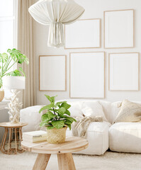 Mockup in interior background, room in light pastel colors, Scandi-Boho style, 3d render