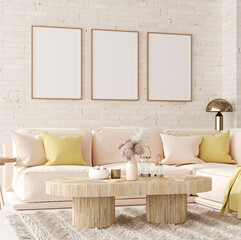 Mockup in interior background, room in light pastel colors, Scandi-Boho style, 3d render
