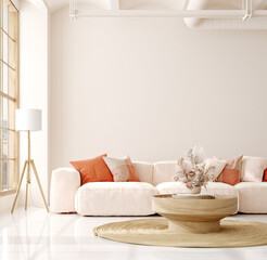 Mockup in interior background, room in light pastel colors, Scandi-Boho style, 3d render