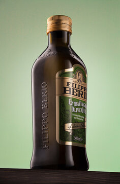 Bottle of Olive Oil. Filippo Berio Extra Virgin Olive Oil. Moscow Russia - November 08, 2018