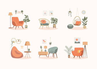 House interior objects isolated set.  Home furniture. Chairs and plants. Cartoon vector illustration.