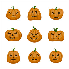 Set of scary and funny pumpkins for Halloween. Color vector illustration of flat style. White isolated background.