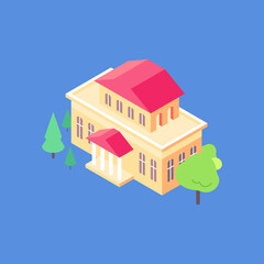 Isometric apartment old colonial building flat illustration. Museum or theatre yard with trees around