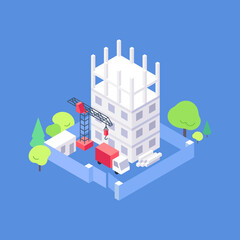 Isometric apartment house development flat illustration. Construction site with trees truck crane and materials