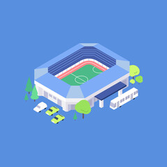 Isometric athletic field building flat illustration. Stadium yard with trees and parking