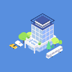 Isometric office building flat illustration. Hotel yard with trees bus stop and parking