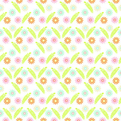 colorful daisy flowers and leaves with white background seamless repeat pattern
