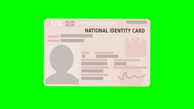 A hand shows the national identity card of the United Kingdom on a green background (flat design)