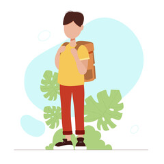 Fototapeta premium guy student with a backpack in a yellow t-shirt and flowers on the background