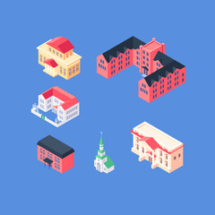 Set of isometric downtown objects. Organic flat town buildings collection. Museum, university, sity hall, cottages, condos, church
