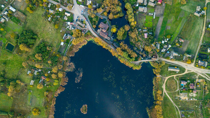 Aerial view of the river through the village