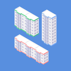 Set of isometric residential area objects. Organic flat apartment houses collection. three-storey five-storey and nine-storey condos