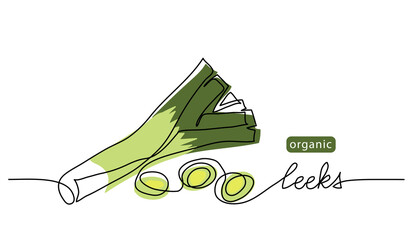 Leeks, fresh onion stalk vector illustration, background. One line drawing art illustration with lettering organic leeks