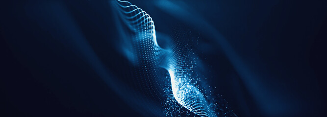 Blue particles wave background. Abstract dynamic mesh. Big data technology.