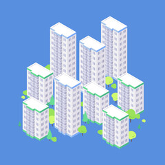 Isometric high-rise residential area flat illustration. big condo yard with trees around