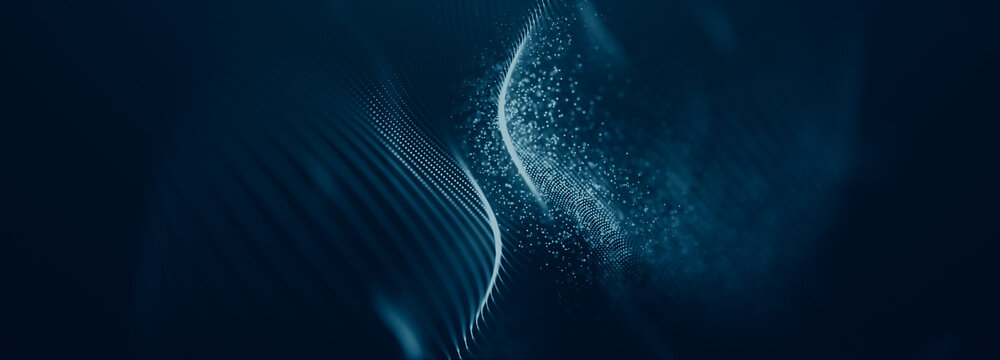 Blue particles wave background. Abstract dynamic mesh. Big data technology.