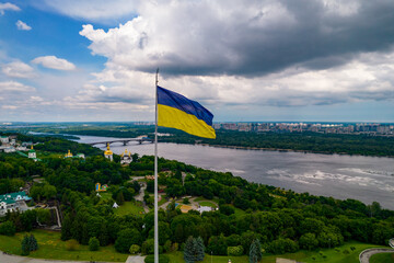 Aerial view of the Ukrainian flag