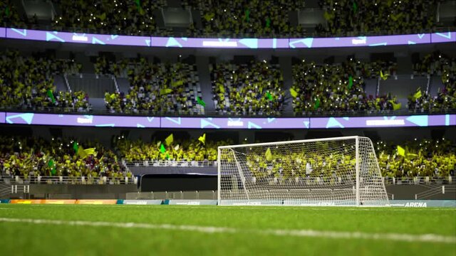 soccer stadium with fans cloudy evening crowd waiting game clamping and waving flags . High quality 4k footage