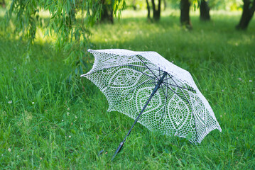 Knitted white umbrella, vintage handmade