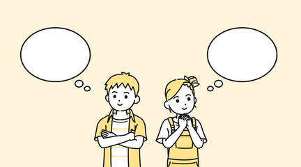 思い浮かべる男の子と女の子のイラスト　想像　空想　吹き出し　子供　小学生　低学年