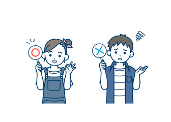 正解と不正解の棒を持つ男の子と女の子のイラスト　〇×　正しい　間違え　子供　小学生　低学年