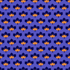 blue and orange geometric flowers with blue background seamless repeat pattern