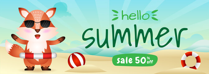 summer sale banner with a cute fox using lifebuoy ring