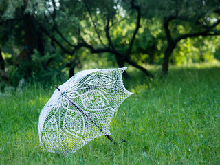 Knitted white umbrella, vintage handmade