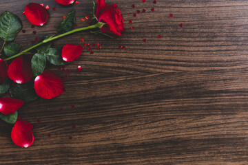 Naklejka na ściany i meble Romantic background with red rose on wooden table,Valentine day post card concept.