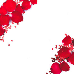 Valentine day background with red hearts and rose petals , top view with copy space,Post card 