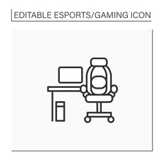 Furniture line icon. Comfortable table and armchair for playing games. Office, game room. Cybersport concept. Isolated vector illustration.Editable stroke