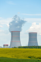 Belarusian nuclear power plant in Ostrovets on a sunny summer day, Belarus 2021. Vertical photo