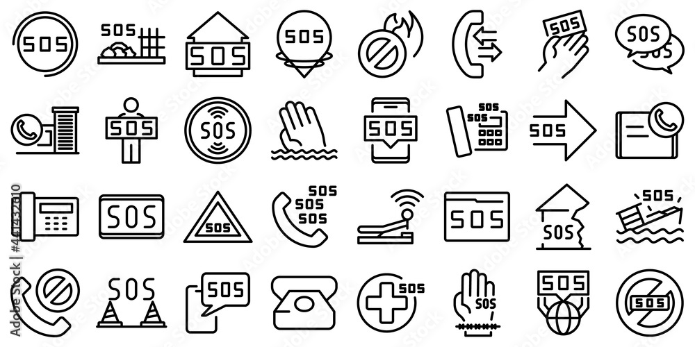 Aufkleber sos icons set. outline set of sos vector icons for web design isolated on white background