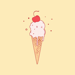 Ice cream cone with cherry, vector illustration