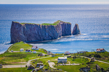 View on the Percé rock, the ocean, the cape Mont Joli, and the Percé Village from the Unesco...