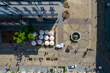 Aerial view of a summer cafe in the city