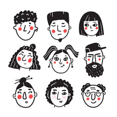 Set of doodle style people faces. Cartoon characters hand drawn vector illustration.
