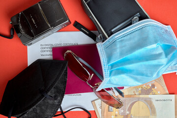 Naklejka premium Covid vaccination certificate, passport, sunglasses and masks