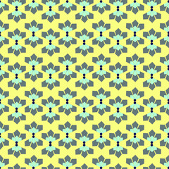  grey and pastel blue geometric flowers with yellow background seamless repeat pattern