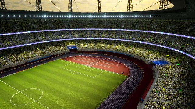 soccer stadium with fans cloudy evening crowd waiting game clamping and waving flags . High quality 4k footage