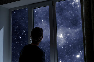 person standing next to the window and watching outside, admire the star on night sky, elements of...