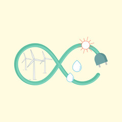 Electric cord in shape of infinity symbol. Renewable energy is infinite. Vector illustration outline flat design style.