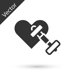 Grey Dumbbell with heart icon isolated on white background. Muscle lifting, fitness barbell, sports equipment. Vector
