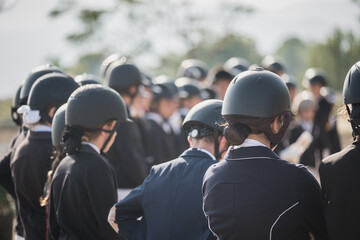 Company of unrecognizable equestrians in uniform