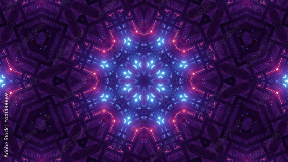 Poster 3d rendering of a futuristic kaleidoscope hallway towards a portal with colorful neon lights