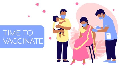 Time to vaccinate.  Vector illustration of vaccination of an Indian family in a pandemic. Immunization of the world's population. Stop the coronavirus. Doctor giving an injection to a woman. Banner - obrazy, fototapety, plakaty