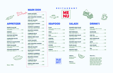 Restaurant cafe menu, template design. Single page food menu template.