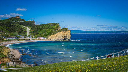 View on Percé, the road 132, the cliffs, the beach and the ocean from Cape Mont Joli next to the...